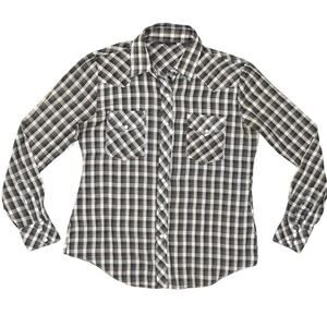 Sultra Black Gray Plaid Snap Button-Up Top Women's Size L Polyester VTG